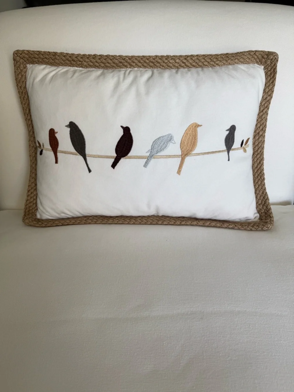 DOMAIN Cotton Jute Embroidered Bird Accent Pillow Duck Feather Insert 14x21